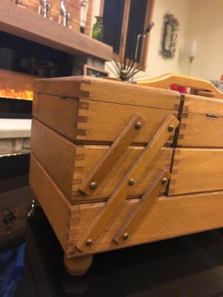 Sewing Basket Box Wooden Mid Century Knitting Storage Vtg Retro Accordion Fold 3