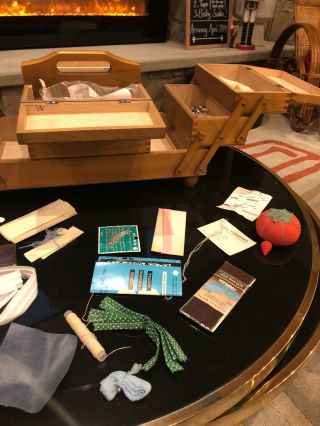 Sewing Basket Box Wooden Mid Century Knitting Storage Vtg Retro Accordion Fold 7