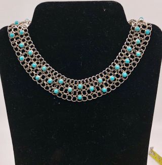 Taxco Choker Necklace Sterling Silver Tnc Turquoise Collar 50g Vintage 14.  5”