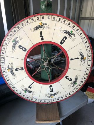 Vintage Folk Art Wood Carnival Fair Gaming Wheel Of Chance Rare Horse Race 25”in