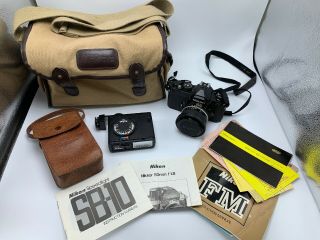 Nikon Fm Black Early Ver.  35mm Camera Body With Lens Sb10 Flash Bag Case Vintage