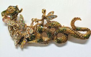Rare Kirks Folly Fairy Riding Dragon Brooch Pin Gold Toned Nwot Last One