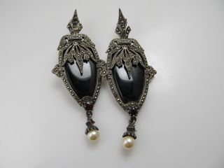Vintage Large Sterling Silver Marcasite Onyx Pearl Garnet Drop Earrings