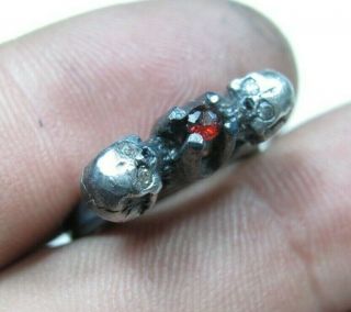 Antique Unique Georgian Victorian Memento Mori Skull Silver Garnet Diamond Ring