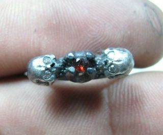 Antique Unique Georgian Victorian Memento Mori Skull Silver Garnet Diamond Ring 2