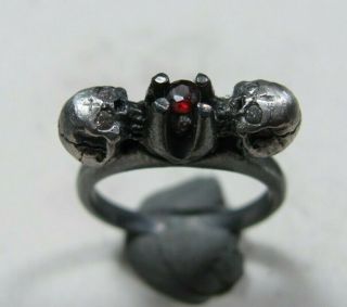 Antique Unique Georgian Victorian Memento Mori Skull Silver Garnet Diamond Ring 7