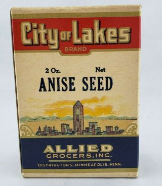 Vintage City Of Lakes Allied Grocers Anise Seed Cardboard Spice Tin