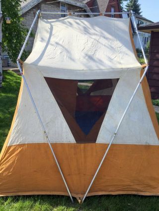 Vintage Wenzel 8 ' x 10 ' Canvas Tent 7 ' center peak 4 - 6 person Complete w/ stakes 3