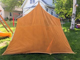 Vintage Wenzel 8 ' x 10 ' Canvas Tent 7 ' center peak 4 - 6 person Complete w/ stakes 4
