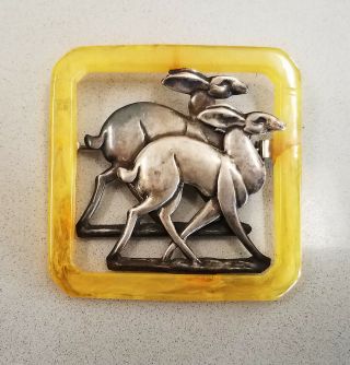 Vintage Rare Art Deco Butterscotch Bakelite And Sterling Silver Deer Brooch Pin