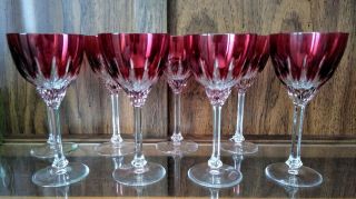 8 Vintage Cranberry Cut To Clear Hocks Goblets Set Of 8 7 - 3/4 " Val St.  Lambert