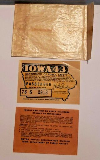 Vintage 1943 Iowa License Plate Tag Decals