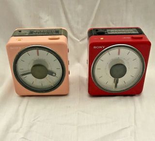 (2) Vintage 80s Sony Icf - A10w Pink / Red Radio Alarm Clocks (one Plays Beatles)