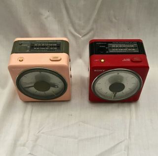 (2) Vintage 80s SONY ICF - A10W PINK / RED RADIO ALARM CLOCKS (One Plays Beatles) 2