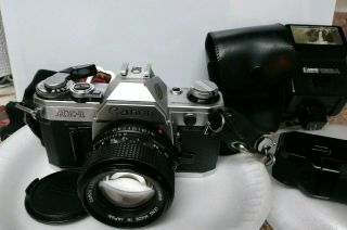 Vintage Canon Ae1 35mm Camera With 50mm 1:1.  4 Lens Flash And Rewinder