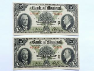 Rare 1938 Bank Of Montreal $5.  00 Consecutive Notes Canada Banknote