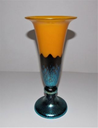 Vintage Signed " Czechoslovakia " Art Glass Trumpet Vase - Blue Luster & Gold