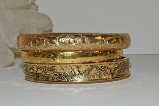 3 Victorian Vtg Gold Filled Etched Bangle Bracelets Antique Yellow & Rose Gold
