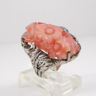 Vintage Sterling Silver Carved Coral Flower Floral Ring Size 6.  5 Lfe4