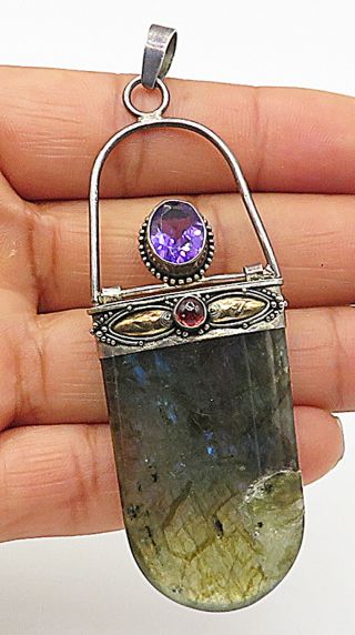 925 Sterling Silver - Vintage Ammolite Amethyst & Carnelian Drop Pendant - P5811