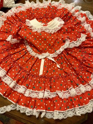 Vintage Girls Gold Bell Red Dress Ruffles/lace/flower/bloomers.  Size 4t