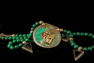 Vintage Mexico Taxco Aztec Face Malachite 18k Gold Silver Necklace D100