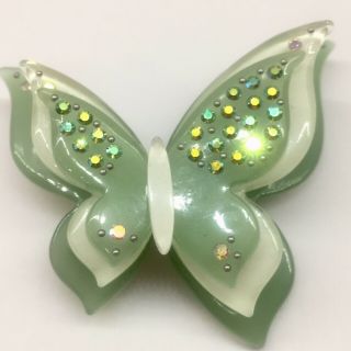 Vtg Joan Rivers Signed Green Lucite Butterfly Ab Rhinestone Pin Brooch - 90