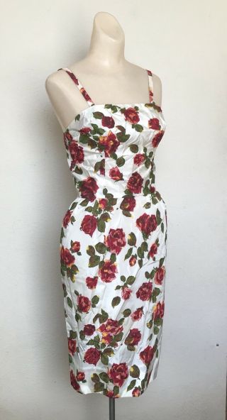 Sexy Vtg 50s Red Rose Print Tight Fitted Wiggle Skirt Dress Pin Up Vlv Taffeta