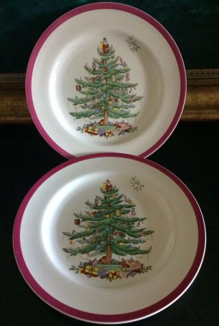 Rare Vtg Copeland Spode Christmas Tree Magenta •2 Dinner Plates• Exc More Avail