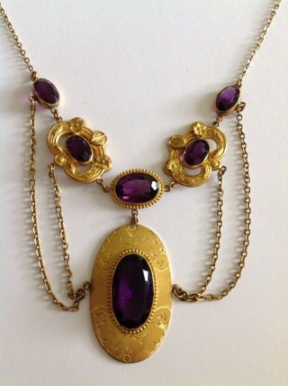 Striking Antique Gilt Metal And Amethyst Glass Necklace