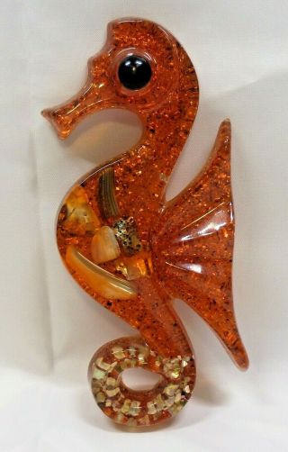 Vintage Shellart Plastic Acrylic Wall Hanger Abalone Shell Red Colored Seahorse