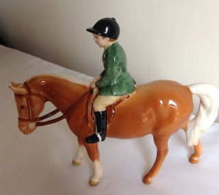 Vintage Beswick Pottery Green Coat Boy Rider On Standing Palomino Horse