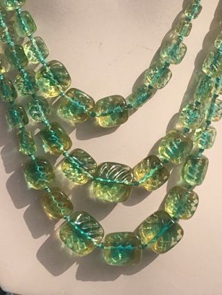 Art Deco Pressed Flat Yellow Hint Of Green Glass Hand Knotted Necklace 3 Strand