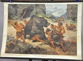 Pull - Down Wall Chart Vintage Poster Prehistoric Men Hunting A Cave Bear