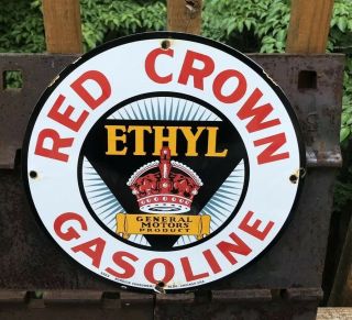 Vintage Red Crown Gasoline Porcelain Metal Sign Gas Oil Pump Plate 1923 11 3/4