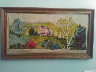 Vintage Framed Wall Art Crewel/embroidery Colorful Forest Piece