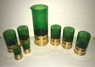 Vintage 1950s Green Glass Big/little Imperial Shot Gun Shell Pitcher & Glasses