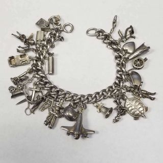 Vintage Sterling Silver 7.  5 " Charm Bracelet W/ Multiple Charms Jewelry Mucb6