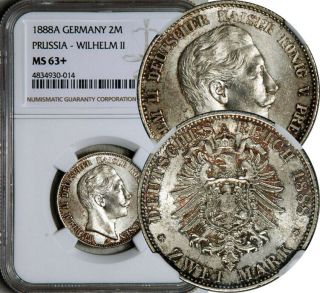 Ngc Ms - 63,  Prussia Germany Silver 2 Mark 1888 (wilhelm - Ii) Rare & Sought After