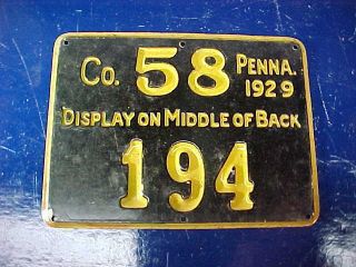 Orig 1929 Pennsylvania Metal Hunters License Jacket Tag Plate