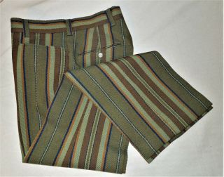 Vintage Levis Sta Prest Slacks Striped Olive Green Tan Flare Pants 1960s - 1970s