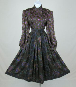 Vtg 1970s 80s Oscar De La Renta Skirt & Silk Top Size 12 Floral Mocha Embroidery