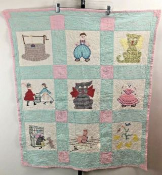 Vintage Baby Quilt Blanket Blue Pink Archaic Finished Soft Worn Very Old 41 X 36