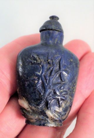 Vtg Lapis Lazuli Handcarved Floral Perfume Snuff Bottle With Dauber 2 " - Estate
