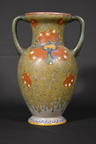 Vintage Gouda 2 Handled Vase 10 1/2” Matte Paint Signed 1206 Baldy Holland Cvl