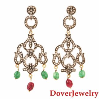Estate Diamond Emerald Ruby Sterling Silver Chandelier Earrings 13.  2 Grams Nr