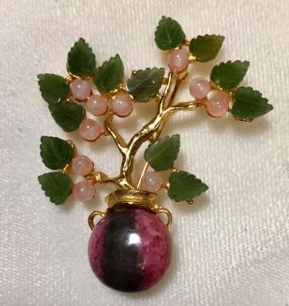 Swoboda Flower Vase Brooch Gems Rhodonite,  Jade,  Rose Quartz Wow