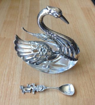 Vintage Sterling Silver Swan Cut Crystal Salt Cellar 925 Eld With Matching Spoon