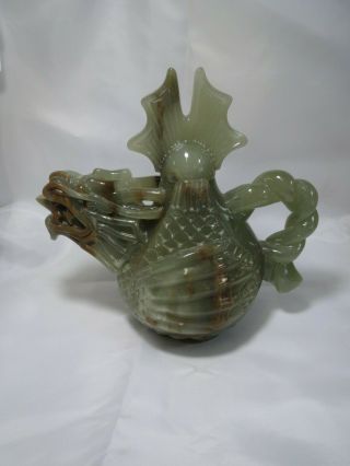 Vintage Green Jade Jadeite Stone Carved Dragon Pitcher 8.  5 " High