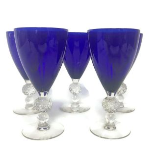 5 Vintage Morgantown Glass Ritz Blue Cobalt Golf Ball Water Goblets Stems 6 - 3/4 "